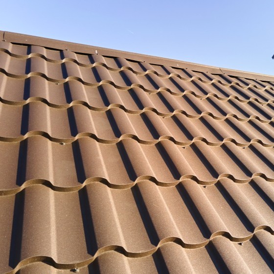 Close-up view of matal roofing on a residential home